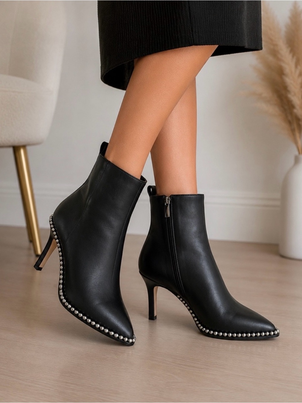 BCBGeneration Black Pointed Toe Ankle Boots with Stud Trim